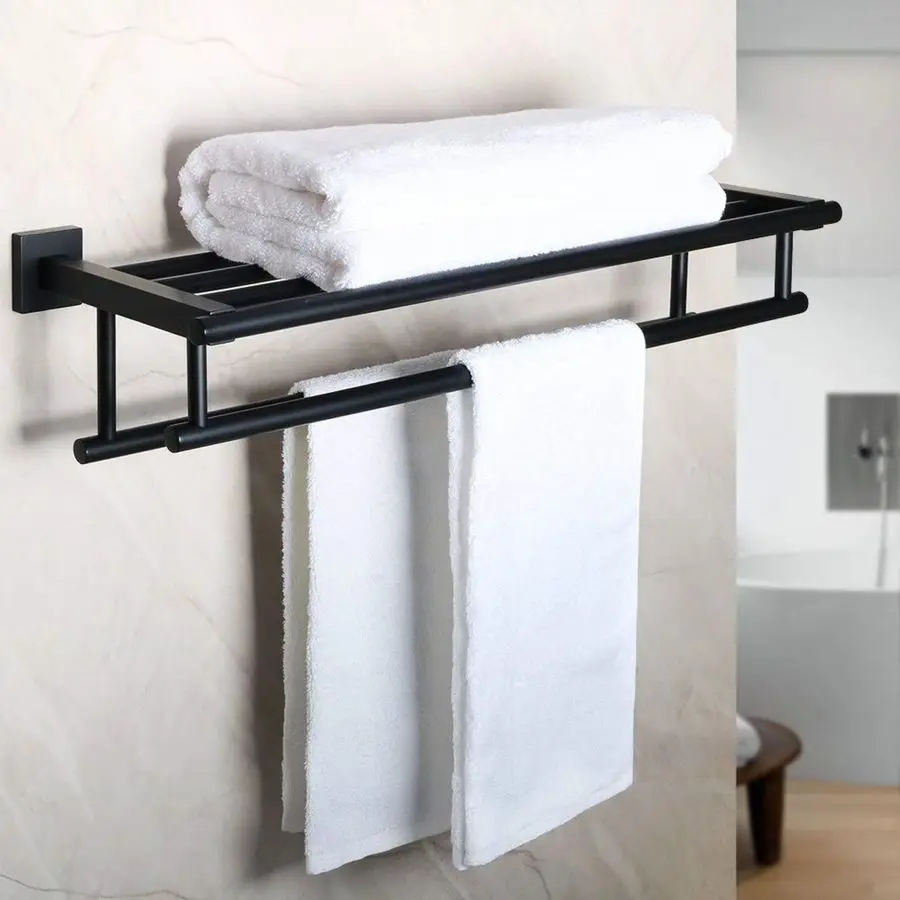 

Double Towel Rack for Bathroom Wall Mounted,24 Inch Bathroom Tower Holder Black Towel Rack with Double Towel Bars,SUS304 Stainle