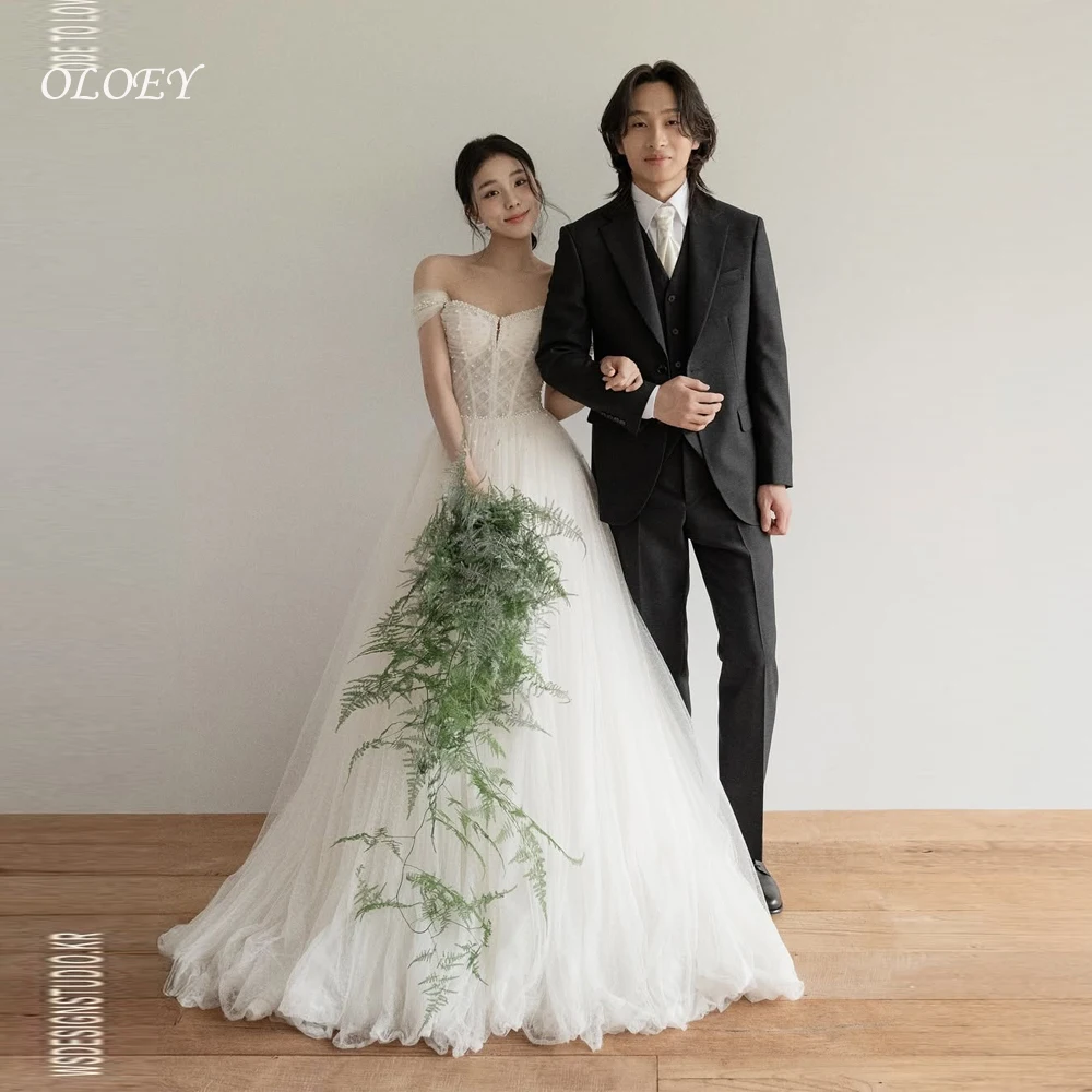 OLOEY Classic 웨딩드레스 Off Shoulder A-line Korea Wedding Dresses Beaded Pearl Tulle Pleat Corset Bridal Gowns Customized