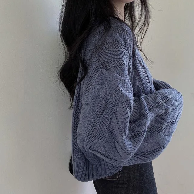 2025New Autumn Winter Vintage V-neck Women's Knitted  Sweater Loose Fit Leisure Solid Color Loose Casual Wear Women Top