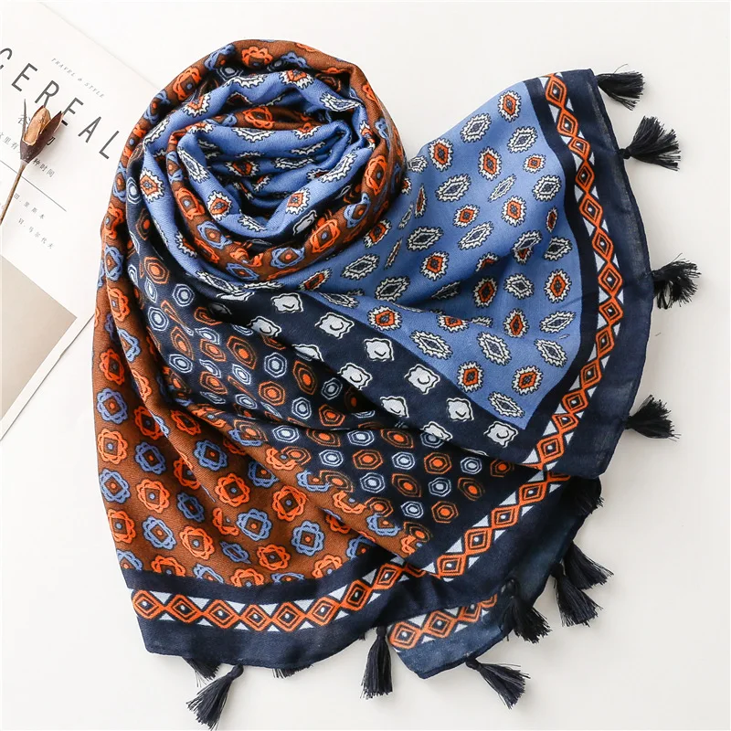 Brand Fashion Designer Viscose Scarf Aztec Patchwork Floral Tassel Hijab Shawls and Wraps Foulard Echarpe Muslim Sjaal 180*90Cm