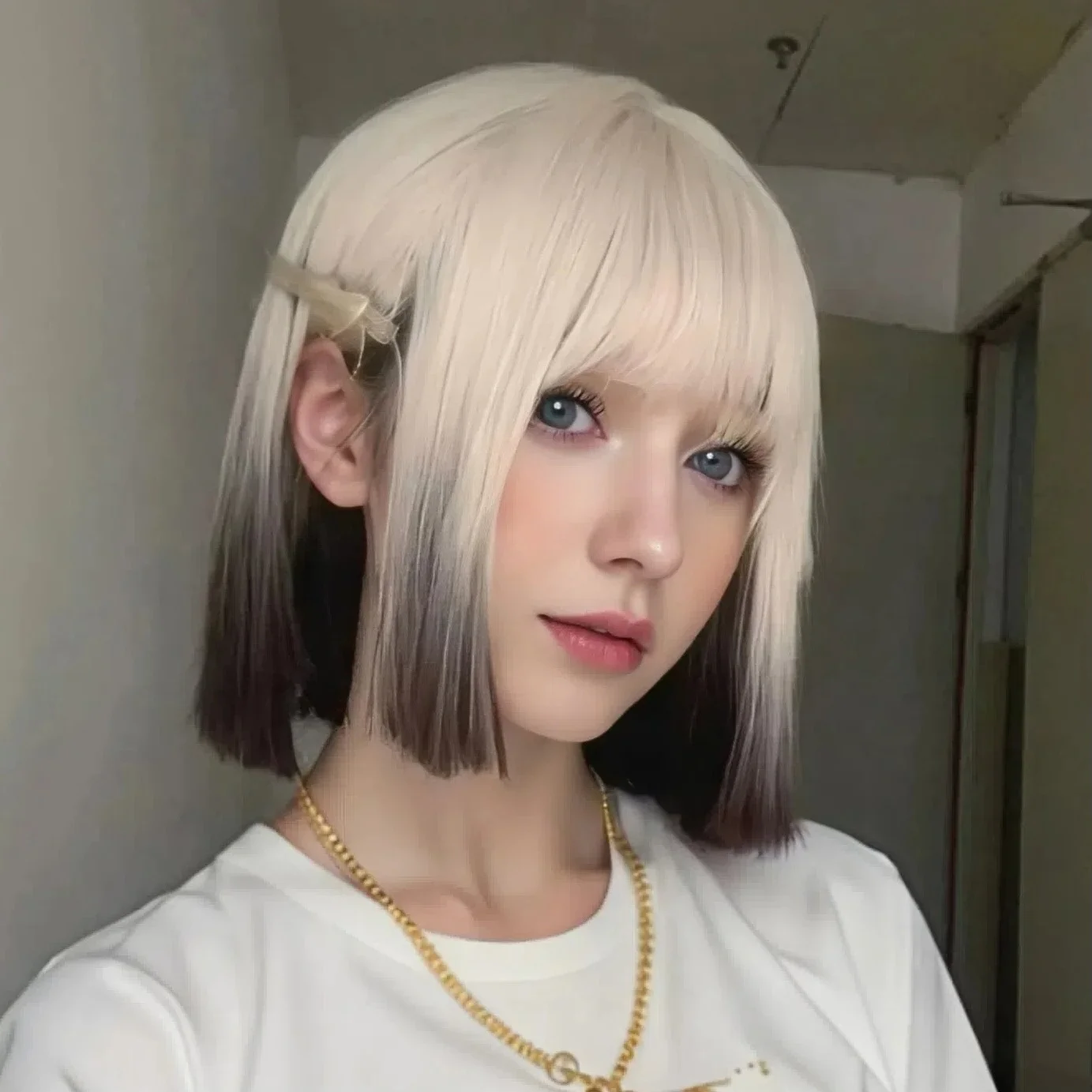 Cute Short Wig, Wig With Bangs, Woman Synthetic Wig Ombre Short Bob,Light Blonde Black Ombre Straight Bob Hair Wig,Gifts for Her image 2