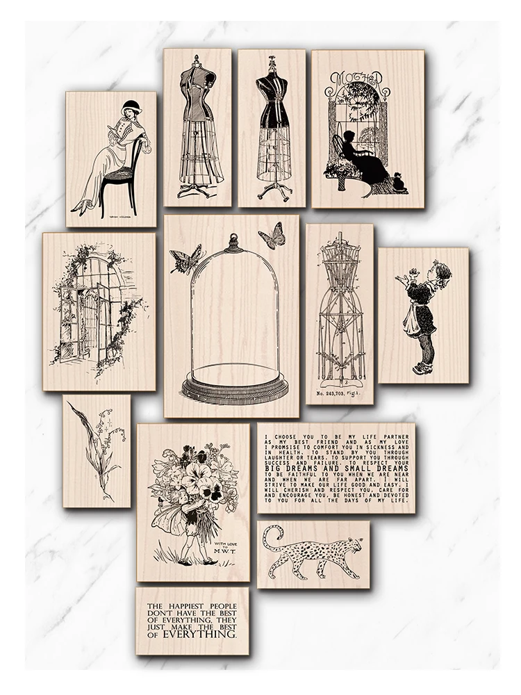 Zestaw drewnianych stempli w stylu retro, inspirowanych Europą i Ameryką, do scrapbookingu, albumów fotograficznych i tworzenia kartek DIY.