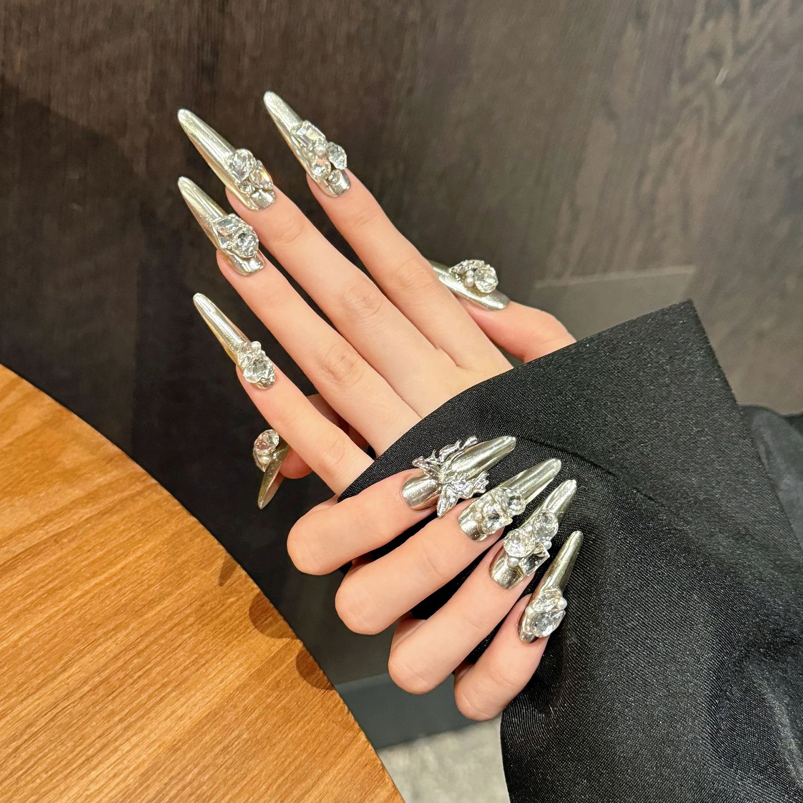10pcs Handmade Magic Mirror Silver Fake Nails Punk Style Glossy Long Almond Press On Nails Full Flash Rhinestone Y2k False Nail