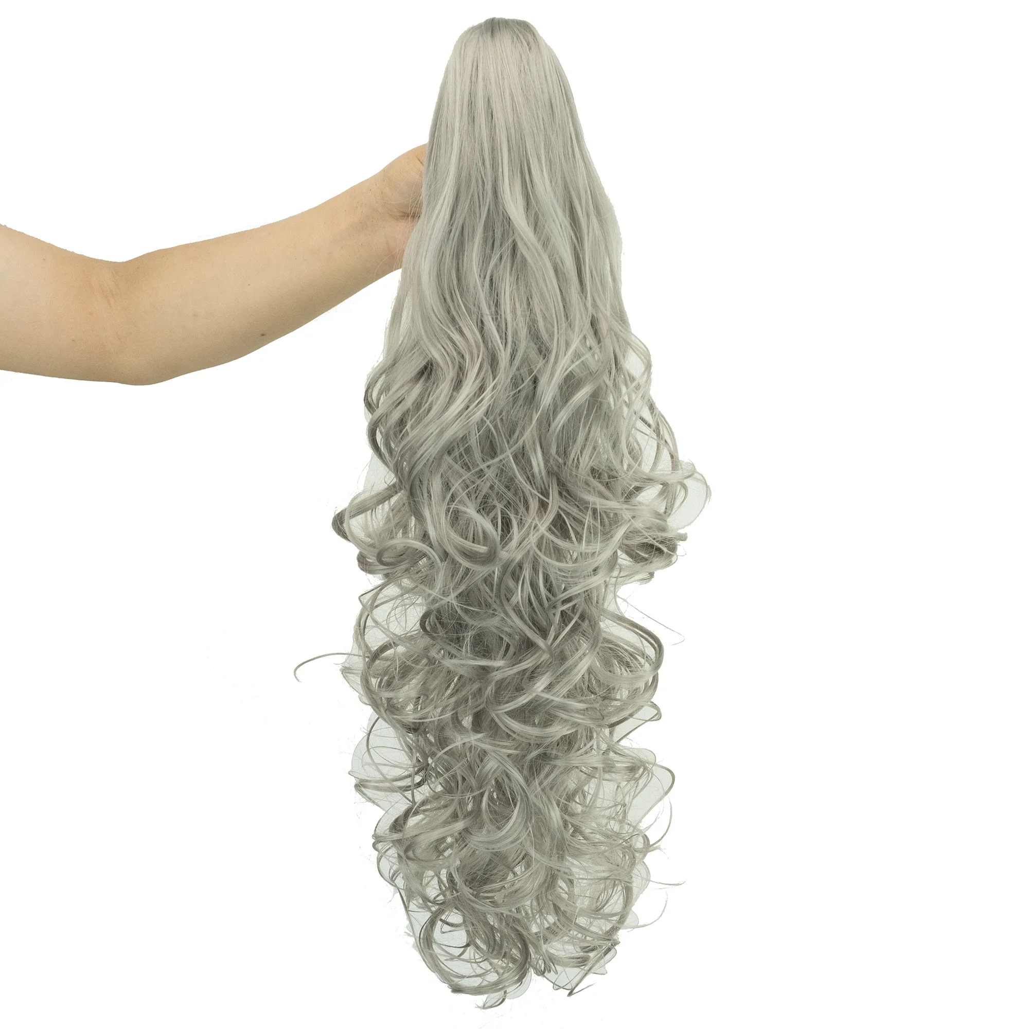 Soowee 24inch Long Gray Wavy Clip on Hairpiece Extensions Pony Tail High Temperature Fiber Synthetic Hair Claw Ponytails