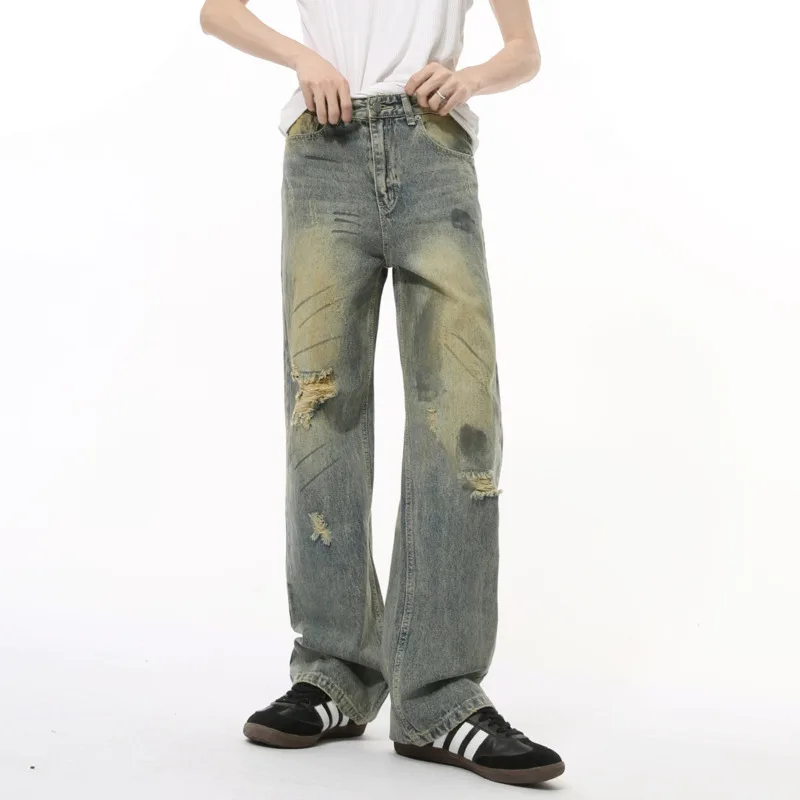 American Style High Street Men's Denim Pants Washed Worn-out Graffiti Trousers Straight Loose Male Jeans New 2024 Autumn