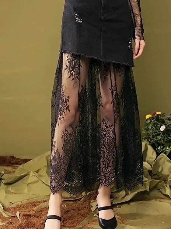 Retro Style Lace Half Skirt Underdress for  Elastic Waist A-Line Long Skirts for Young Women City Walk Polyester Fiber