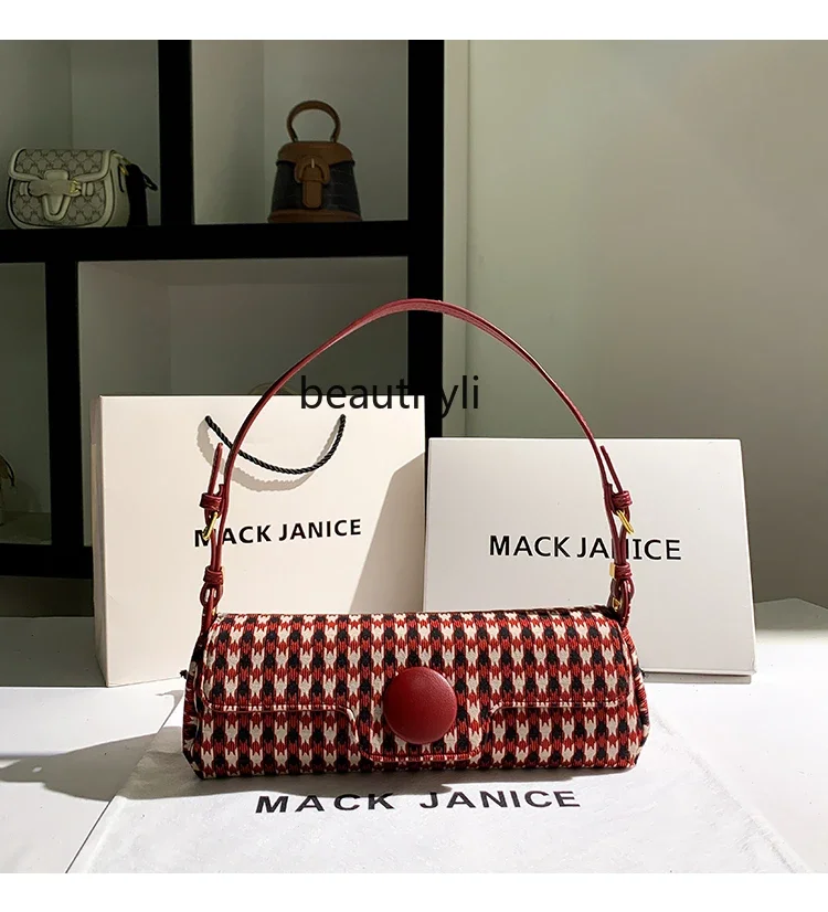 Genuine Leather Special-Interest Design Red Houndstooth Bag for Women Autumn and Winter New Underarm Bag