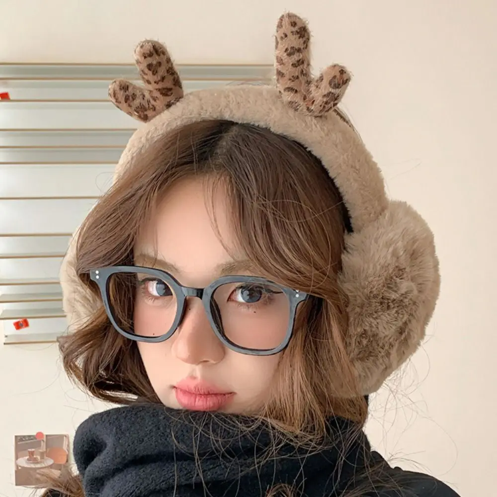 Cute Ear Cap Plush Earmuffs Deer Antler Leopard Print Winter Earmuffs Ear Warmers Keep Warmer Imitation Fur Ear Cover Outdoor