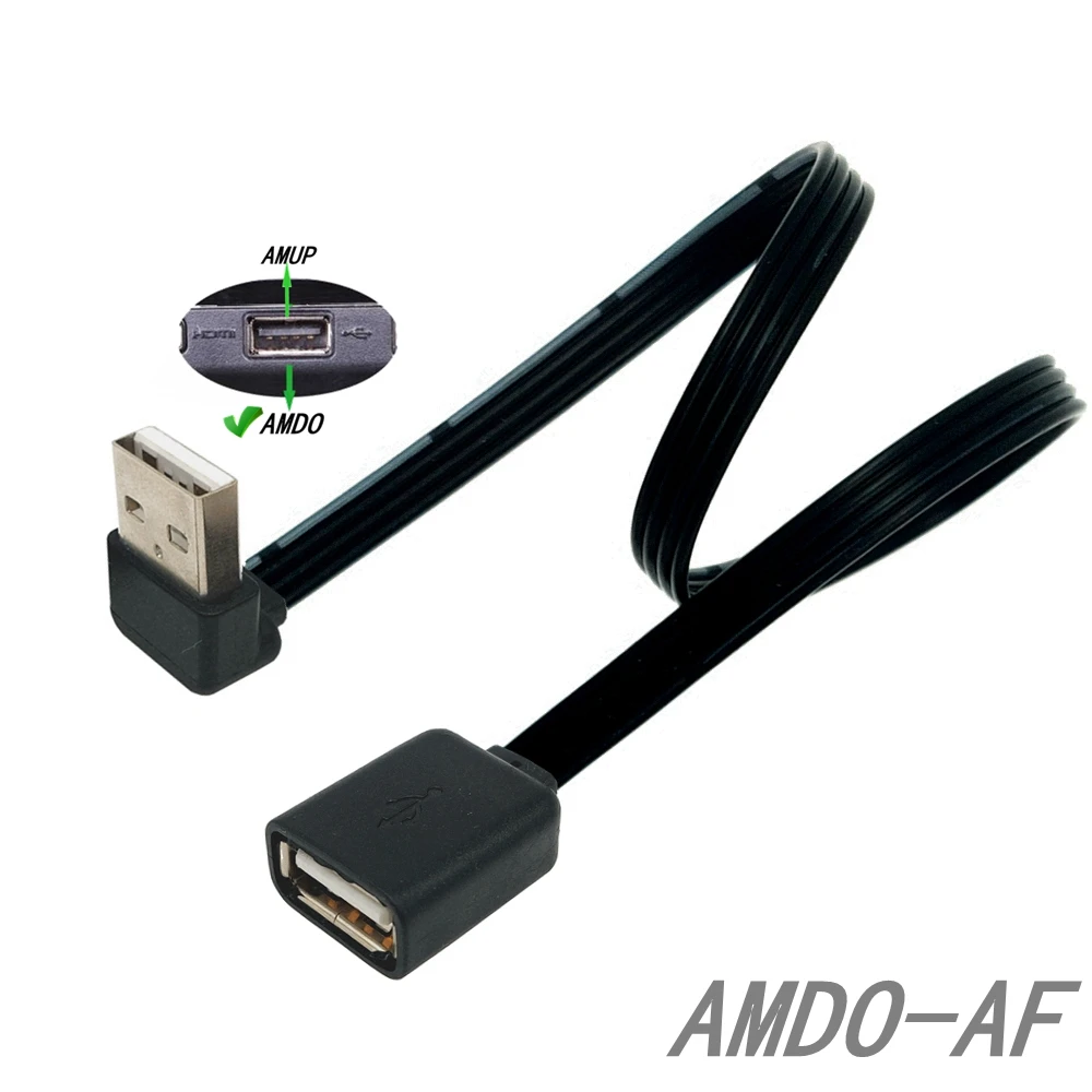 USB 2.0オス-メス延長アダプターケーブル、90角度、左、上下、黒ケーブル、0.2m、USB 2.0