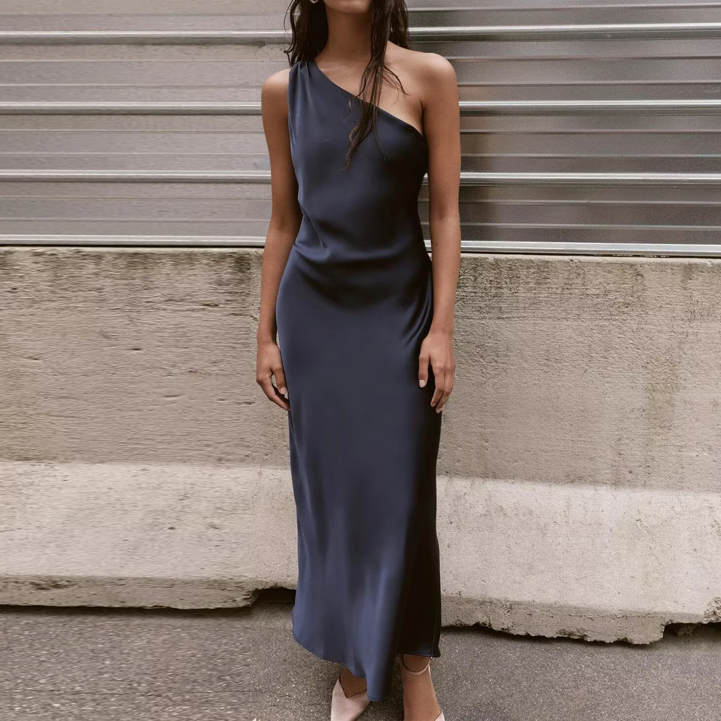 فستان نسائي أنيق من زاداتا بتصميم غير متماثل من الحرير الساتان، فستان ميدي أنيق وراقي للسيدات لموسم الخريف #3