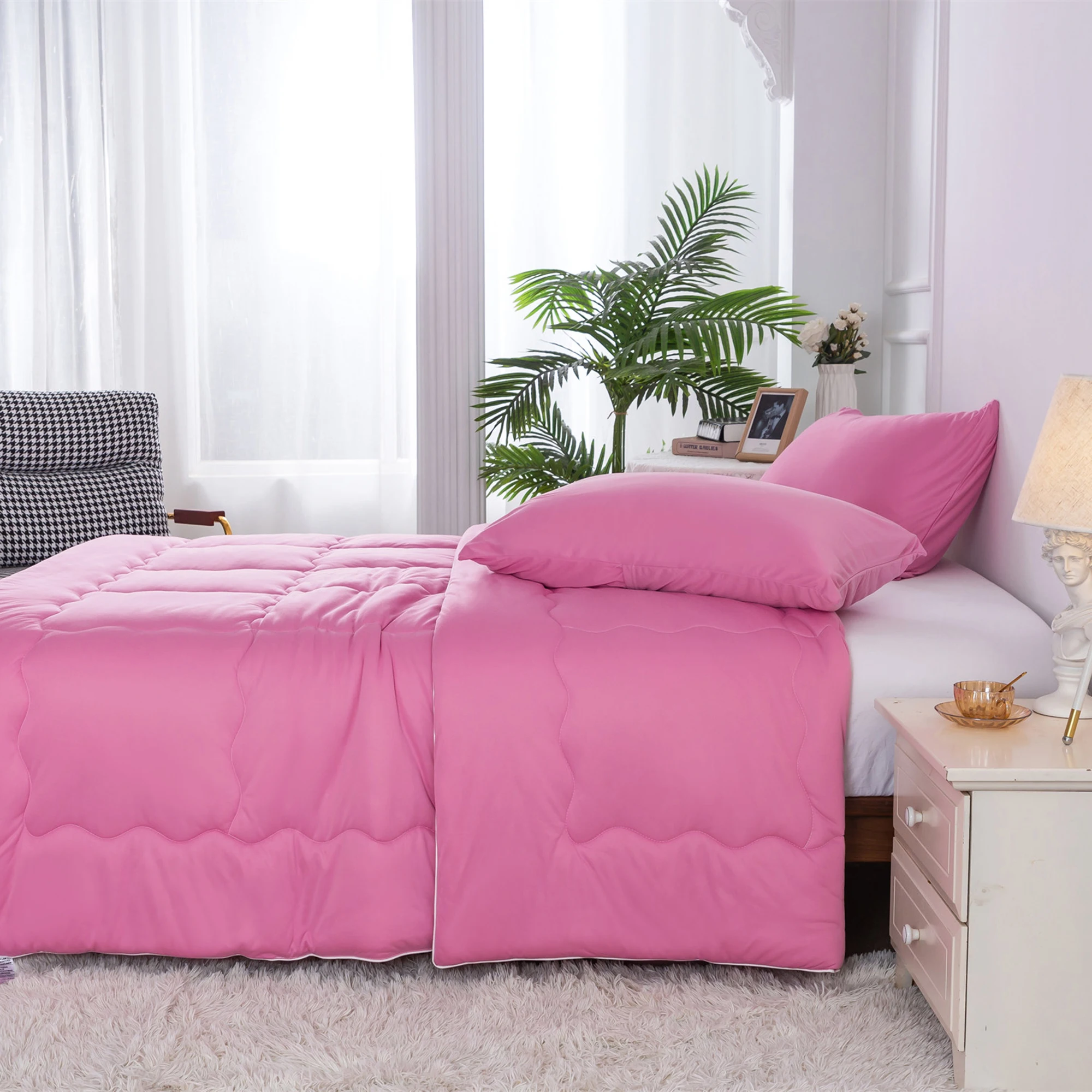 

Rose pink Bedding Reversible Full Bed Comforter Set Knit Cotton Cozy Fully Breathable for Kids Girls All Season Use