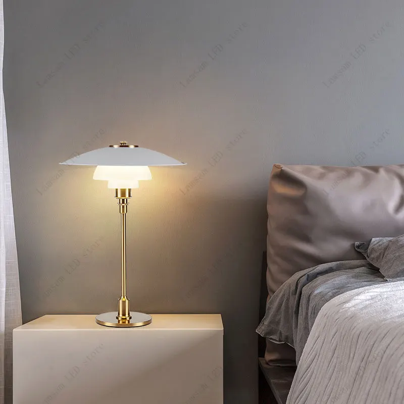 Classic Danish Table Lamp AC Powered Nordic Desk Light with Glass and Metal Lampshade 85-265V E27 Bulb for Room Decor