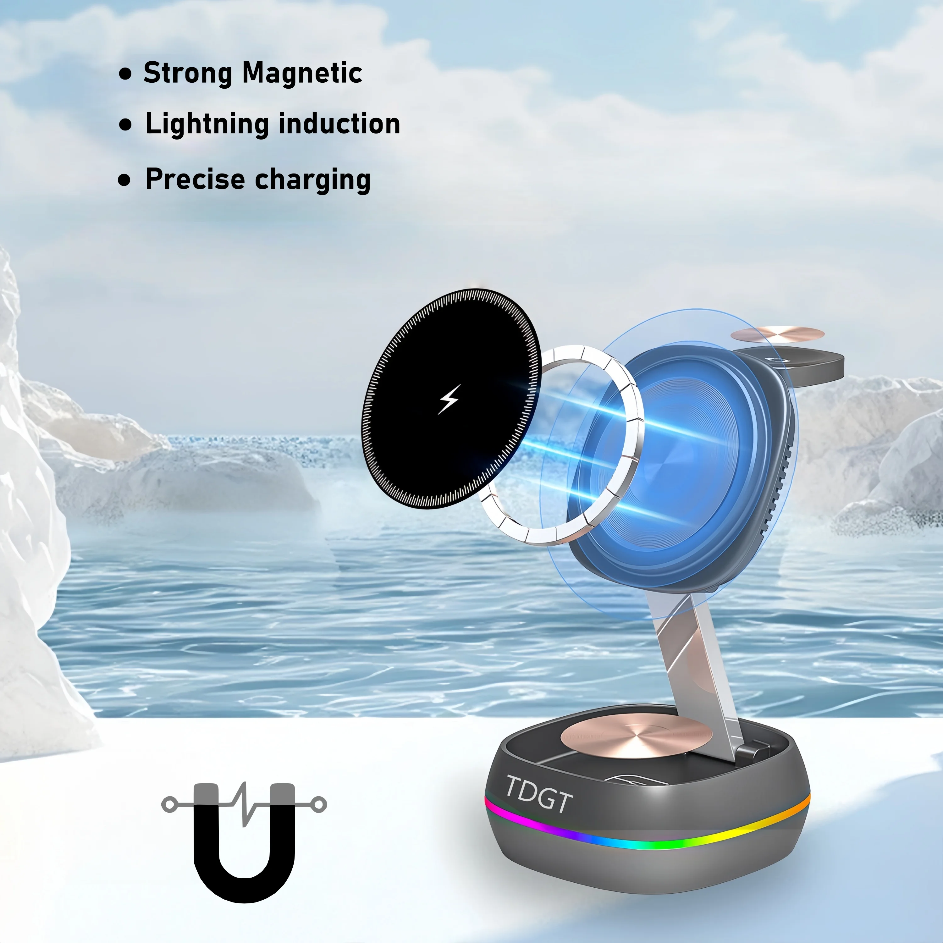 TDGT 3 في 1 شاحن لاسلكي بزر لمس مغناطيسي لساعة الهاتف Airpods قاعدة شحن سريعة