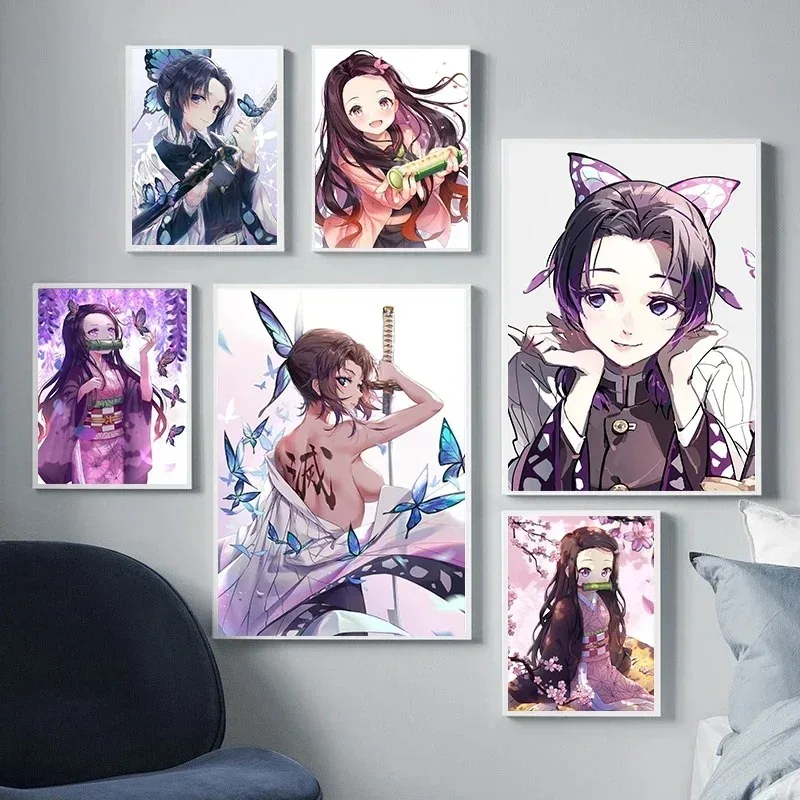 Póster de Anime Demon Slayer sin marco, pintura en lienzo de Shinobu Nezuko, Cuadros artísticos, decoración de pared, Mural moderno para habitación y hogar, 1 ud.