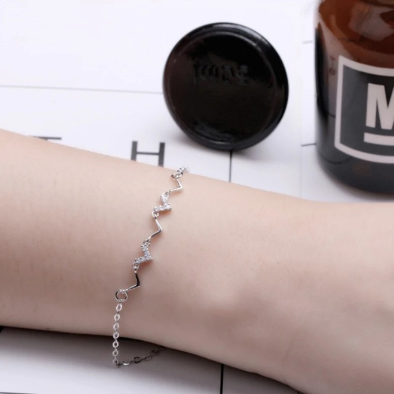Korean Version Simple Electrocardiogram Bracelet Women's Zircon Heartbeat Waveform Adjustable Chain Bracelet Jewelry Gift
