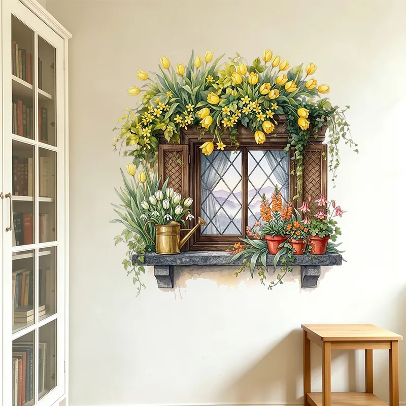 Peony plant flower wall decoration sticker false window self-paste painting landscape living room layout