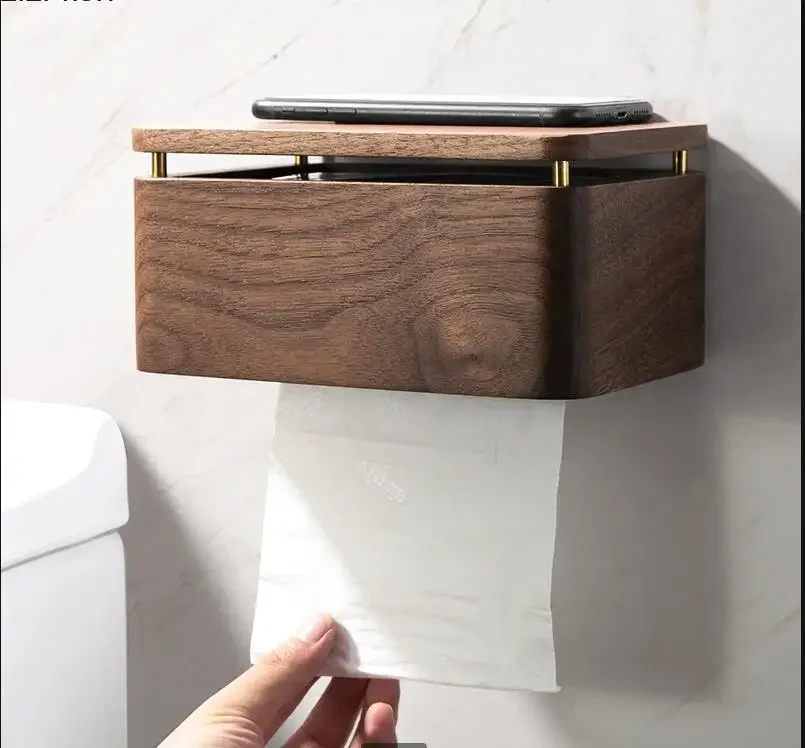 

Black Walnut Solid Wood Brass Tissue Box Hanging Paper Towel Holder Wall Hanging Shelf Rectangular Paper Towel Storage Box