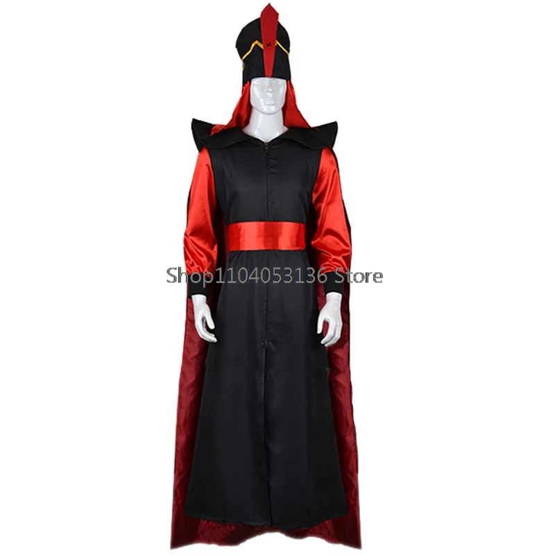 Film Jafar Cosplay Kostuum Jumpsuit Mantel Met Hoed Voor Mannen Vrouwen Outfits Halloween Carnaval Feest Roleplay Pak