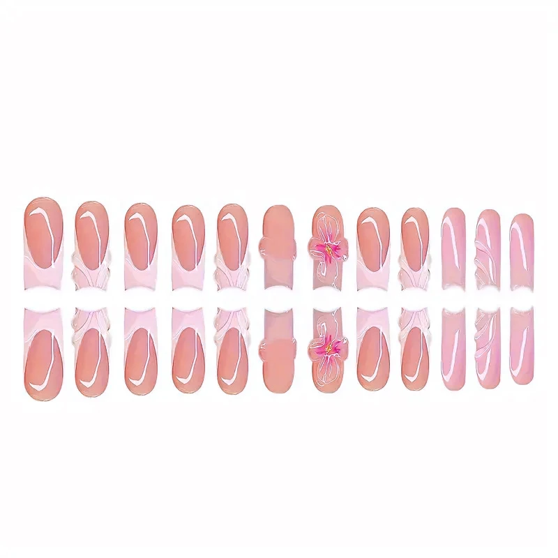 24 stks/set handgemaakte vierkante bloem nepnagels zoete schattige bloemen 3d rimpel ontwerp afneembare jelly sticker roze draagbare nageltip