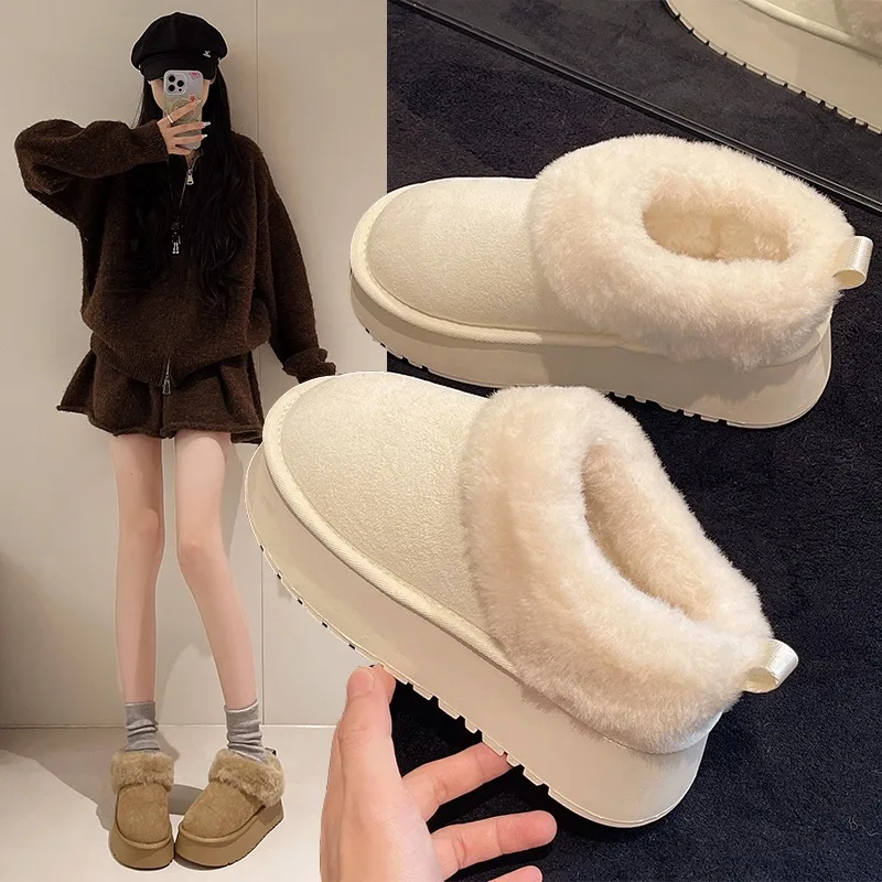 

Флип-плюшевые зимние ботинки, новые зимние ботинки с круглым носком и глубоким носком, нескользящая хлопковая обувь на платформе и подошве