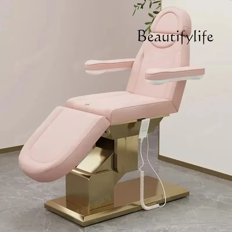 For Beauty Salons Electric Lift Beauty Care Bed Tattoo Couch Golden Base with Armrest Head Hole