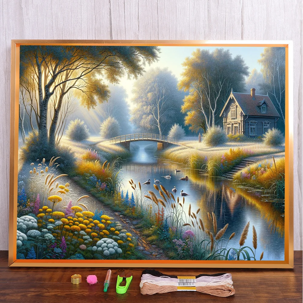 Landscape House By River Cross-Stitch Complete Kit DIY Embroidery Needlework Painting Sewing Handmade Different Needle Gift