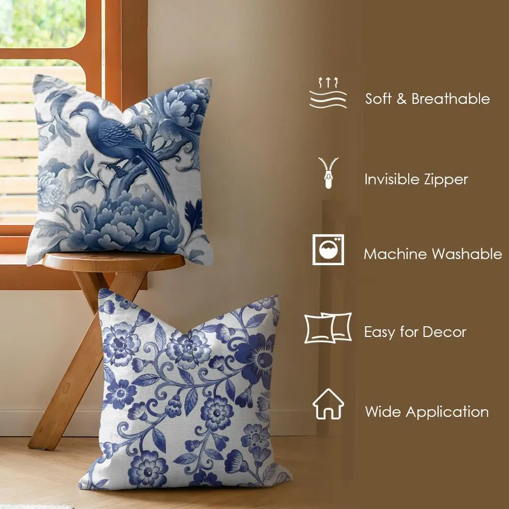 Blue & White Chinoiserie Cushion Cover Soft Short Plush Pillow Cover Smooth Cozy Texture Aesthetic Cushion Case Home Decor