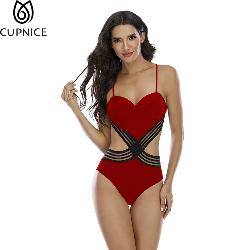 One Piece Swimsuits Women Sexy Solid Padded Mesh Push Up Backless Cut Out Underwire Swimwear Monokinis