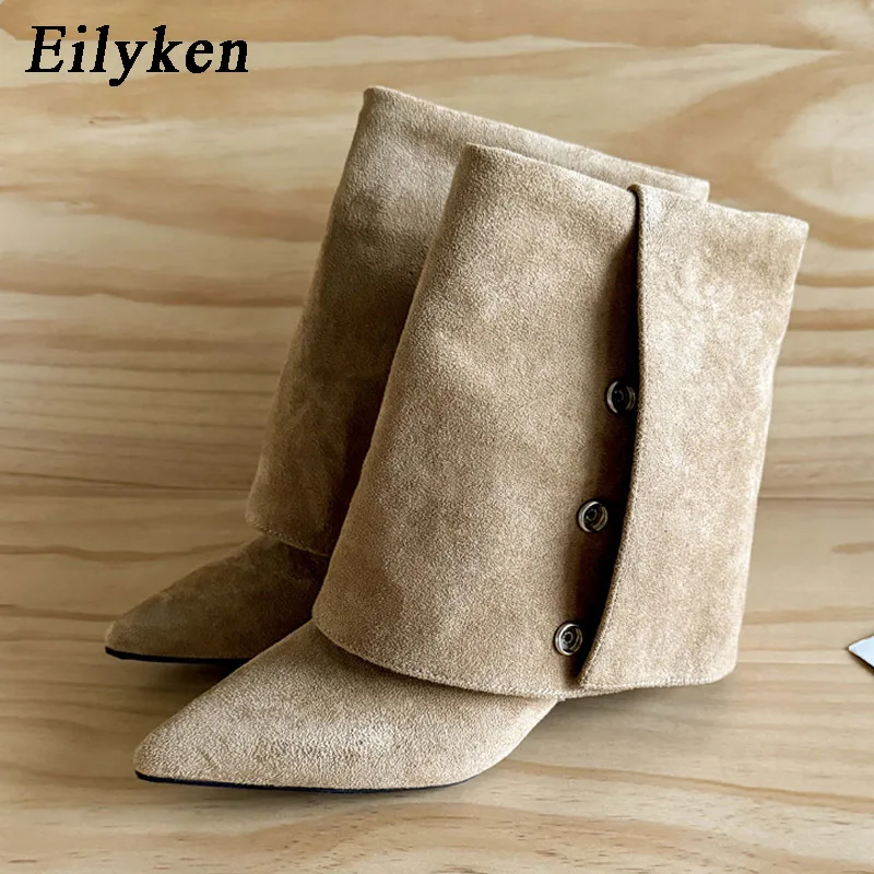 Eilyken 2027 Women Side Metal Buttons Pointed Toe Ankle Boots Vintage Designer Folded Cuff Splicing Square Low Heels Shoes