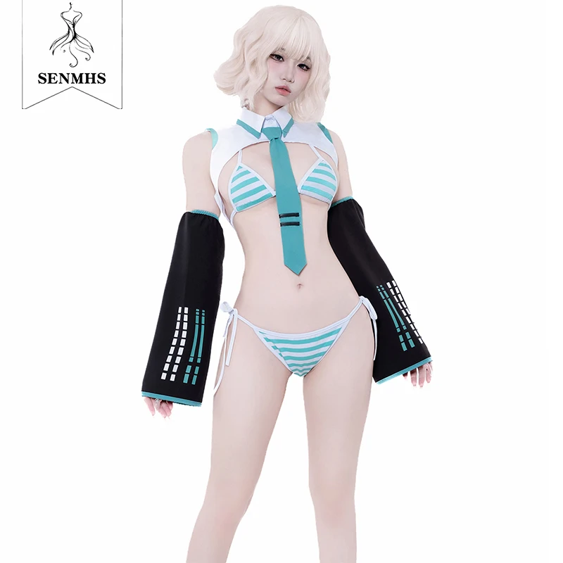 

SENMHS Anime Sexy Miku Uniform Cosplay Idol Group Costume Backless Lace-Up Bra Thong Halloween Underwear Bikini Set
