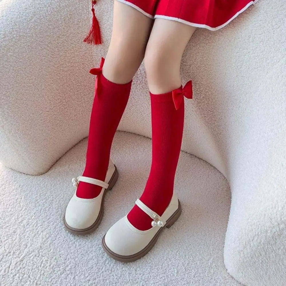 

Хлопковые новогодние красные носки для сна, удобные чулочно-носочные изделия с милым бантом для детей, чулки до колена принцессы средней длины для девочек