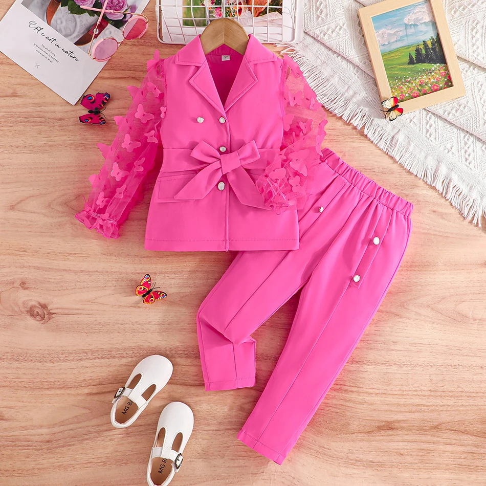 2024 New Autumn Winter Girls Kids Long Sleeve Bow Tie Mesh Sleeved Suit Jacket and Pant Children Sets School Activities Uniforms