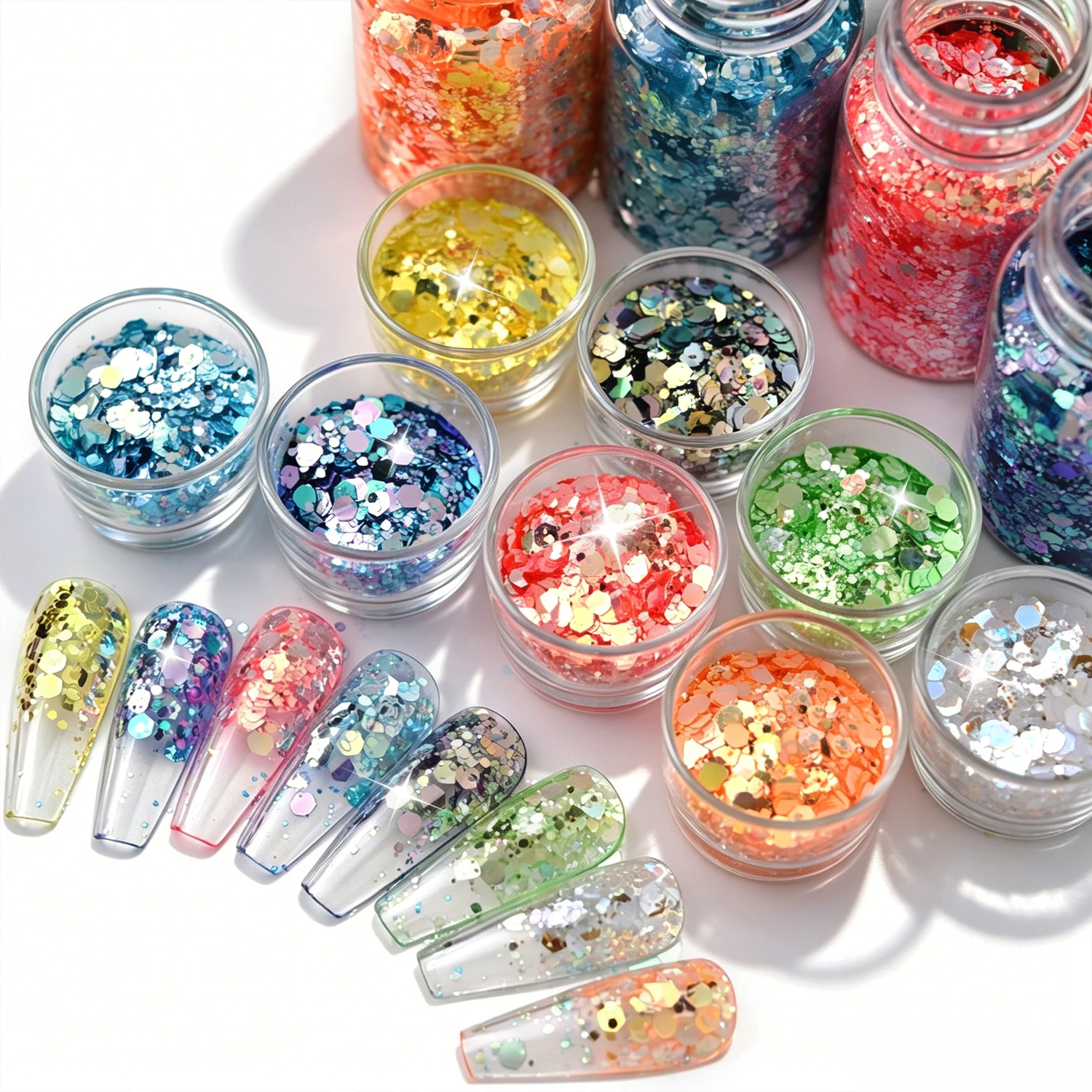 

8Jars/Set Holographic Laser Nail Glitter Sequins Sparkly Iridescent Mixed Hexagon Flakes for DIY Nail Art Eye/Body Glitter Decor