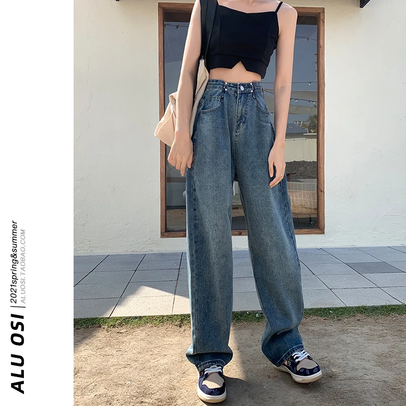 Jeans da donna Dra a vita alta foderati in Fce lunghi fino al pavimento Pantaloni autunno inverno a gamba larga con taglio dritto Effetto dimagrante