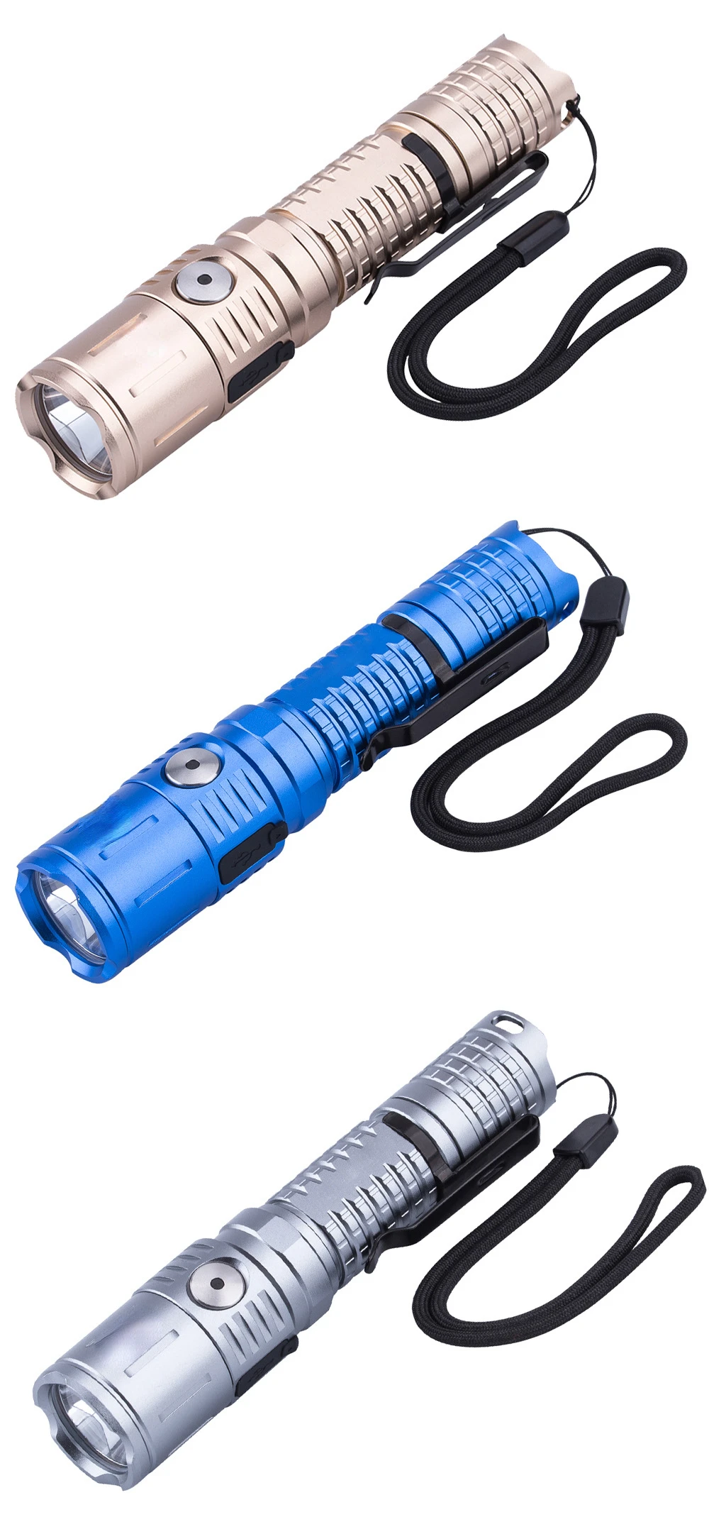 

Hot Selling New Product: Strong Light Tactical Flashlight Outdoor Patrol Flashlight with USB Shell Available in Four Colors