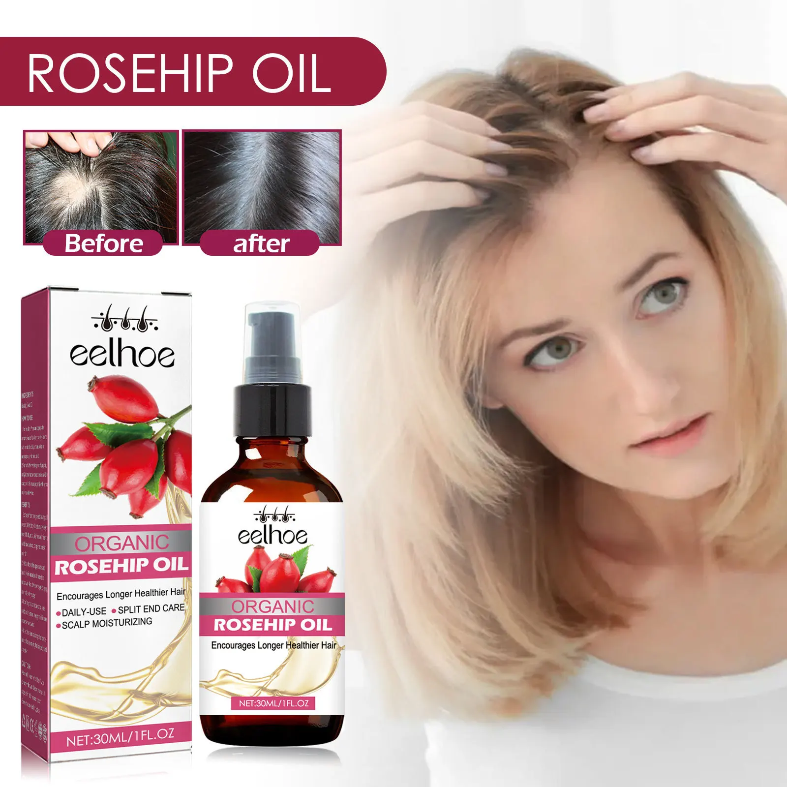 

30ml Eelhoe Dense Hair Rosehip Oil Moisturizing and Nourishing Hair Relief Dry and Strong Thick Hair Fixation Anti-Drop Care