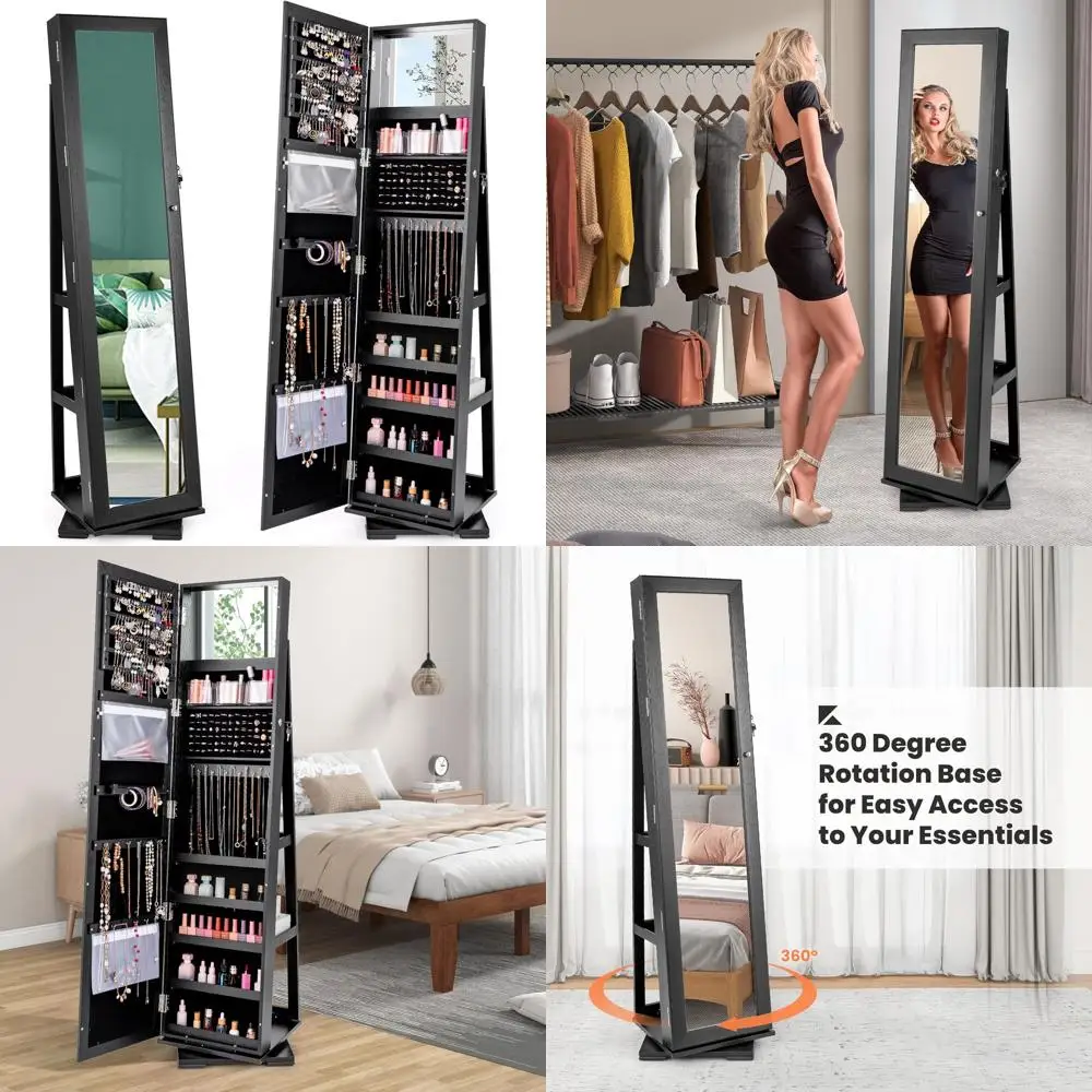 

Large Lockable Swivel Jewelry Armoire with Full-Length Mirror, Storage Shelves, and Makeup Mirror in Black