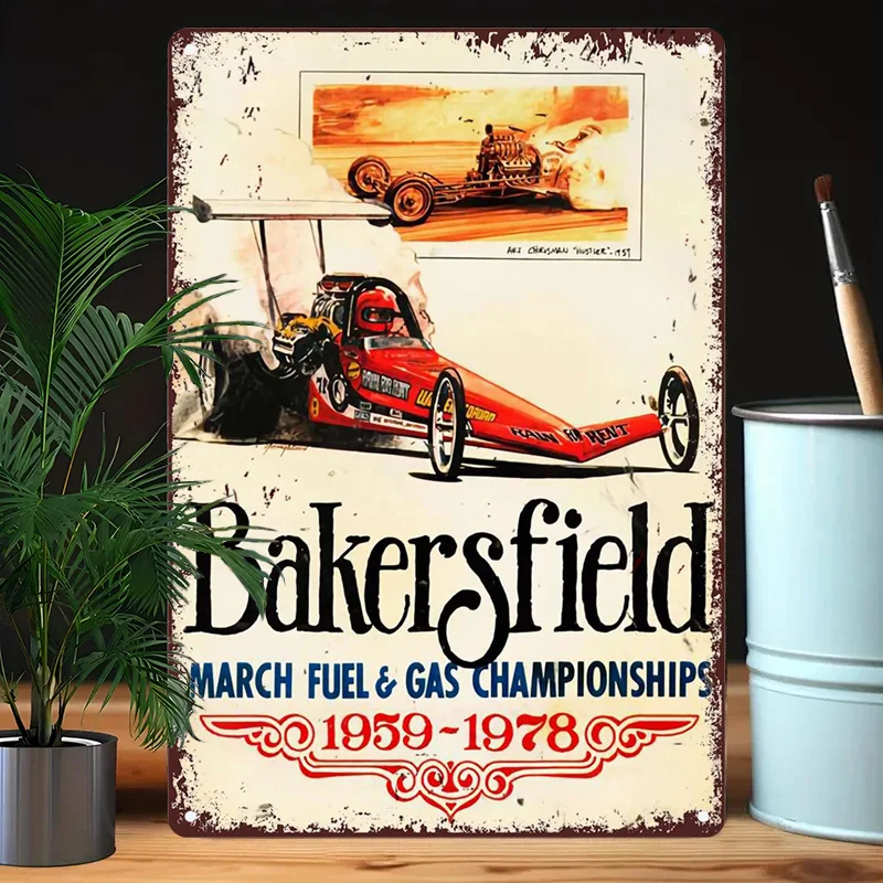 Vintage Bakersfield March Fuel & Gas Championships Metal Sign, Iron Tinplate Wall Art, Retro Racing Theme Decor with Pre-Drille