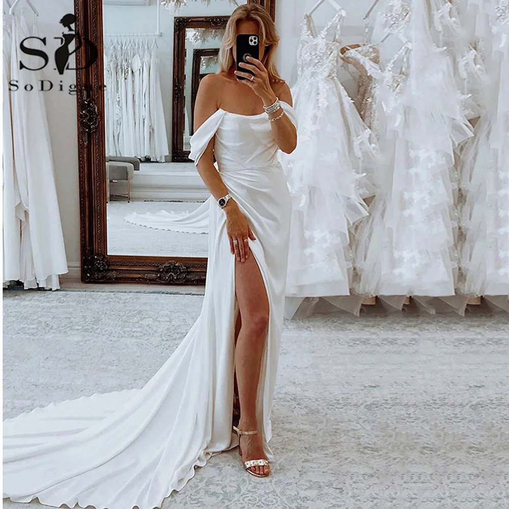 

SoDigne Vintage Formal Wedding Dresses Sheath Slit Satin Reception Suits Bridal Gowns Summer Wedding Party Dress Court Train