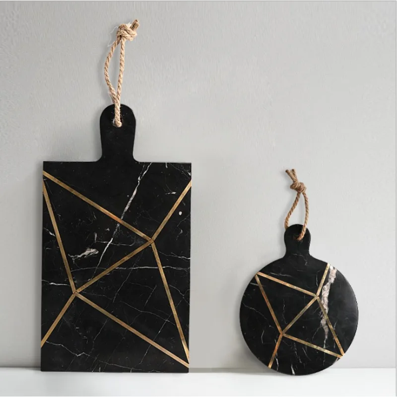 

Marble Cheese Board with Handle Serving Tray Charcuterie Dessert Platter for Party Wedding Reusable Stone Slate with Knives Set，