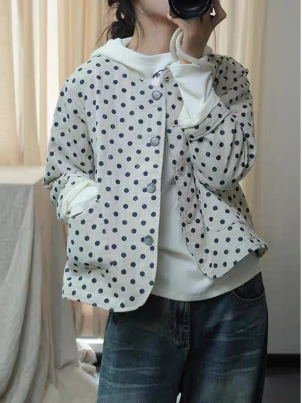 

Japanese Sle Polka Dot Cotton Jaet ort Loose Lazy Vintage Women's Autumn Winter Warm Cotton Coat round Ne Single Button