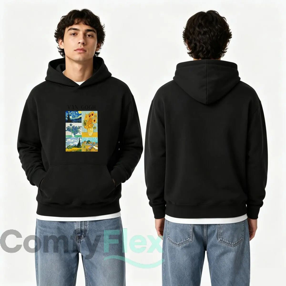 Van Gogh Starry Night Sunflowers Blue Flowers Wheat Field Painting Collage Autumn and winter hooded sweatshirts