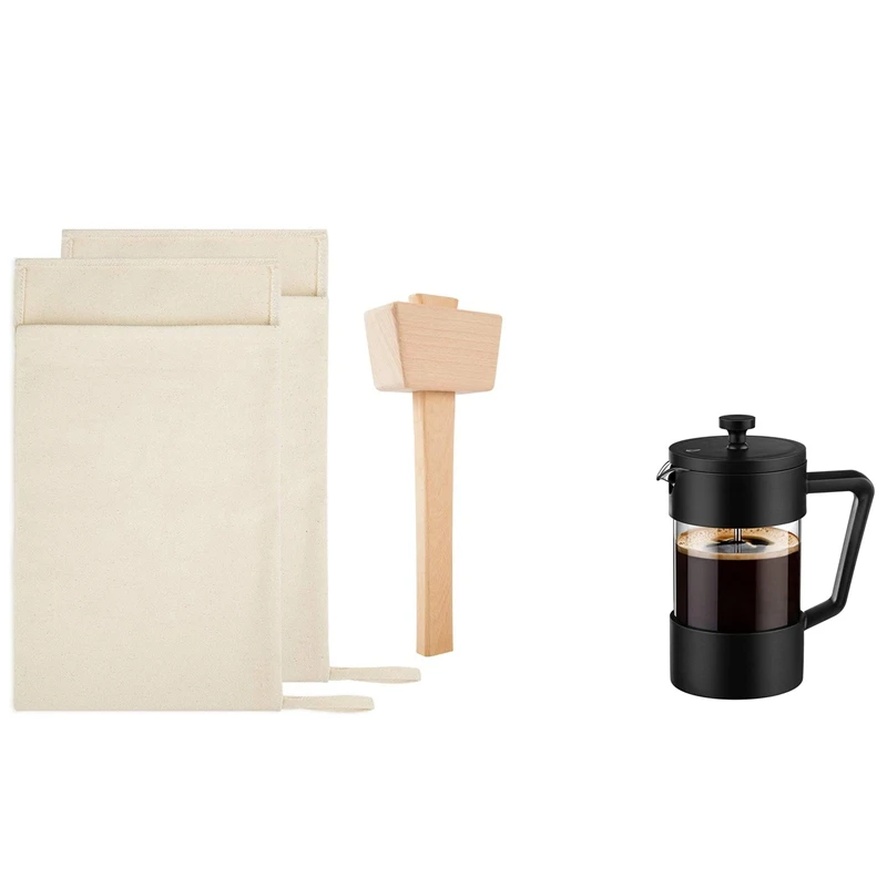 1 Set Ice Mallet Set-Reusable Canvas Crushed Ice Bags With Wooden Mallet & 1 Pcs French Press Coffee Tea Maker