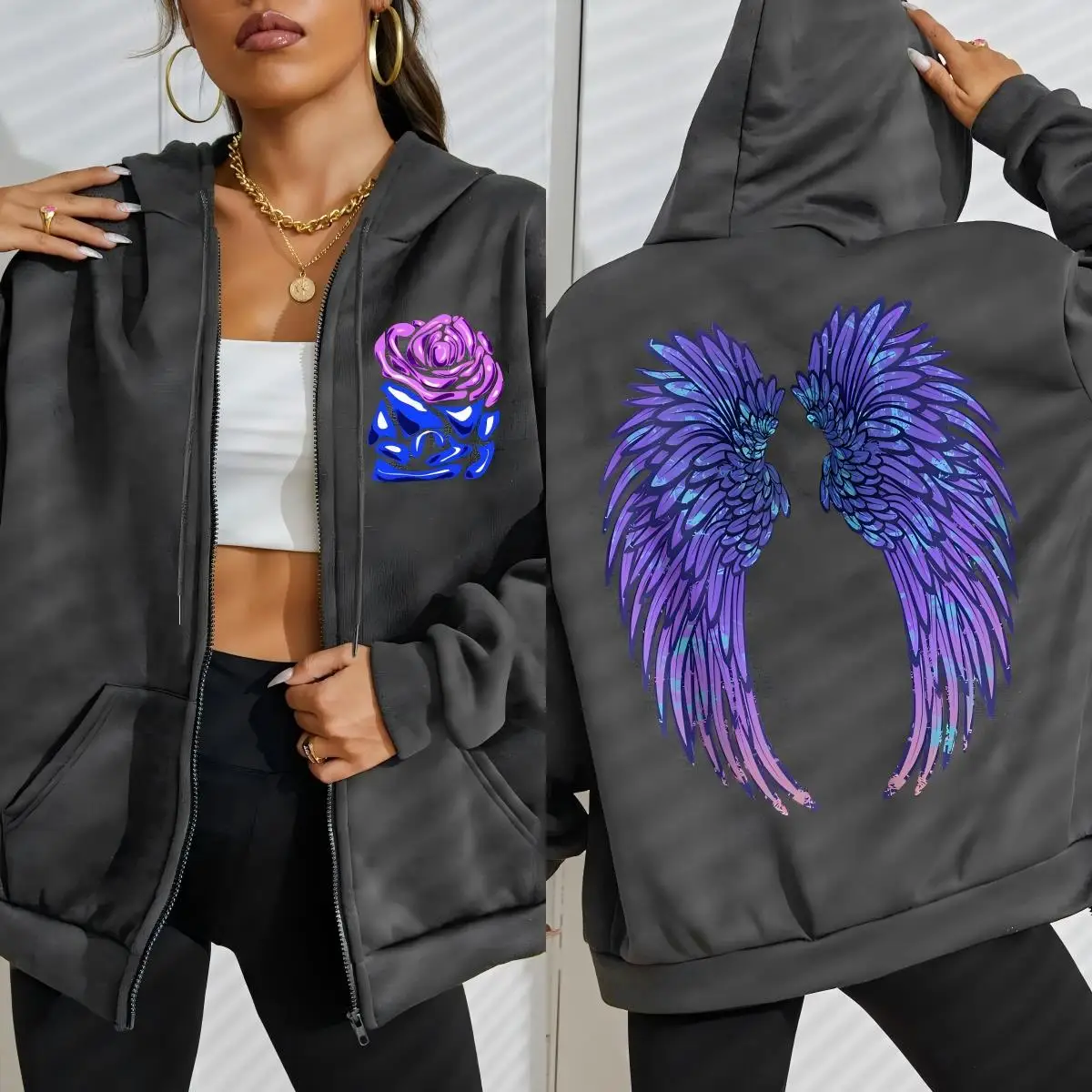 Cool Purple Creative Wings Rose Print Women Zipper Hoody Fashion Loose Sportswear Casual Fleece Hoodie Autumn Hip Hop Tracksuit