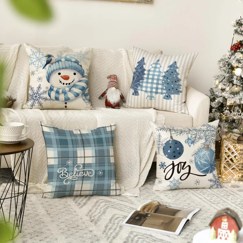 Winter Snowman Happy Snowflake Christmas Hug Design Pillowcase 20 x 20 inches Sofa Pillow Set Accessories 4-piece Set