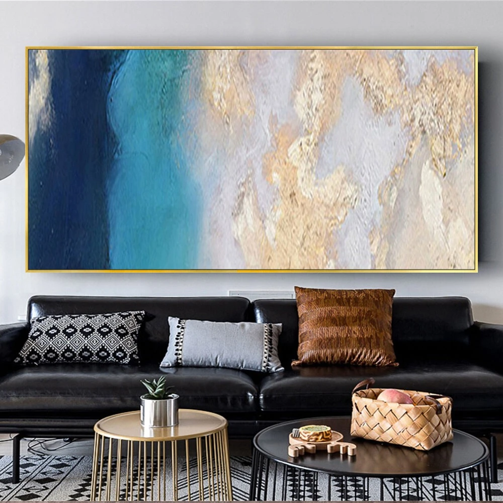 

Abstract Blue And Golden Oil Painting On Canvas 100% Handmade Modern Scandinavian Wall Art Picture For Home Decor Wall Hang Trim