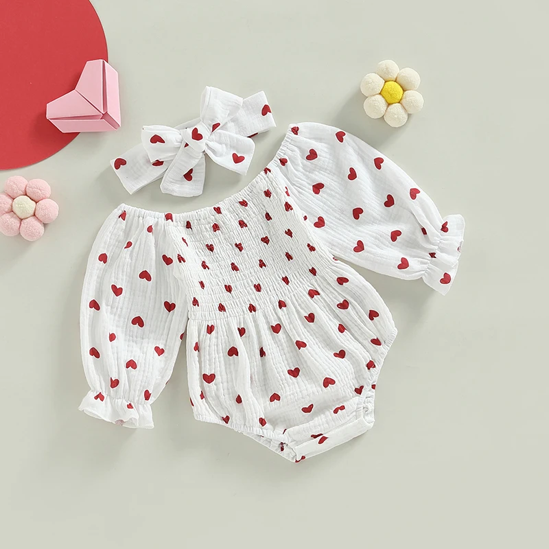 Baby Girls Valentine s Day Romper Heart Print Long Sleeve Boat Neck Jumpsuits Infant Autumn Winter Bodysuits with Headband