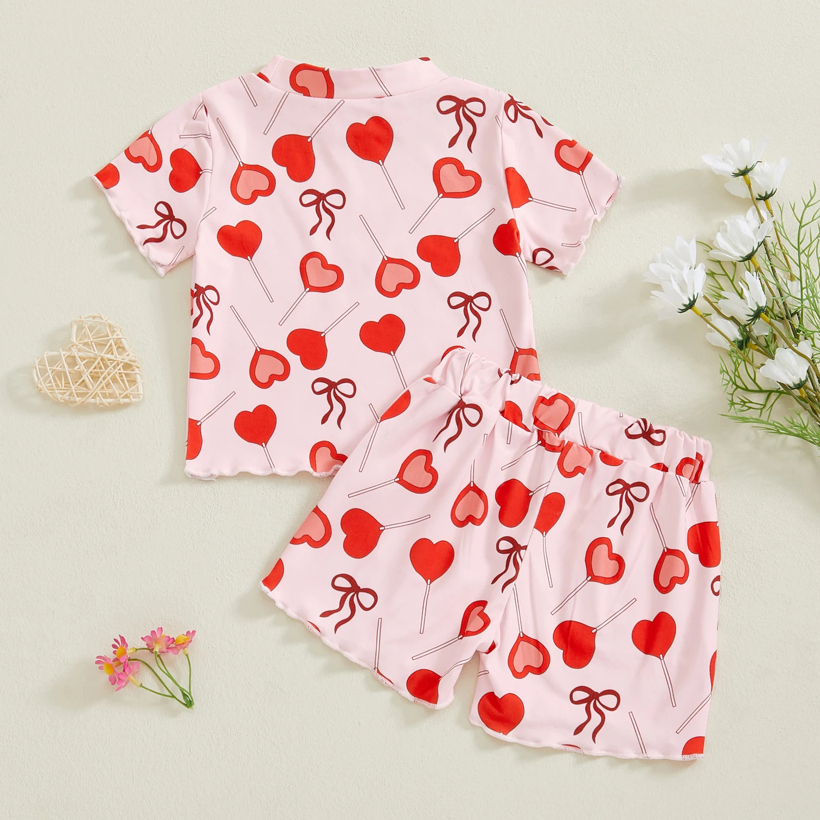 FOCUSNORM 0-5Y Toddler Girl Summer Set Heart Candy Print Short Sleeve T-Shirt with Shorts 2 Pcs Valentine's Day Outfit