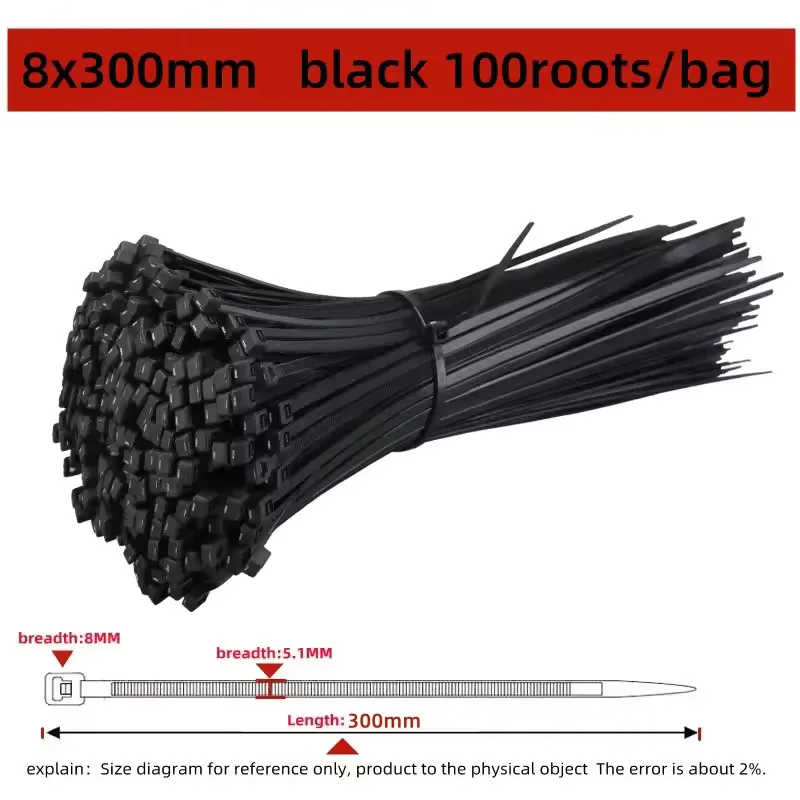 100 STUKS Zelfsluitende Plastic Nylon Tie Zwarte Bevestigingsband Kabelbinder-Set Kabel Zip Tie Bevestigingsring Zip Wraps Strap Tie