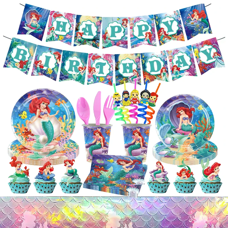 Disney The Little Mermaid Birthday Party Decoration Tableware Set Ariel Balloons Girls Birthday Event Supplies Banner Backdrop